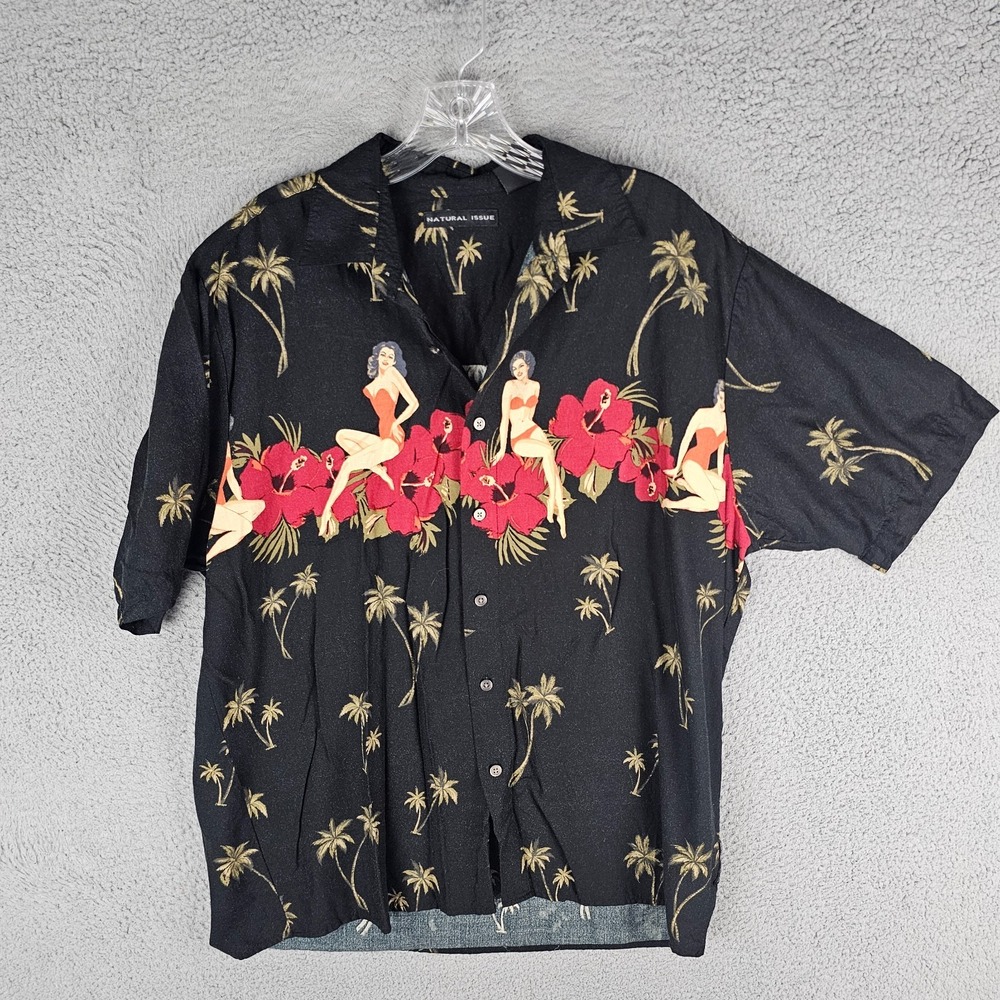 Natural Issue Hawaiian Shirt Mens Medium Black Aloha Bathing‎ Beauties Hibiscus